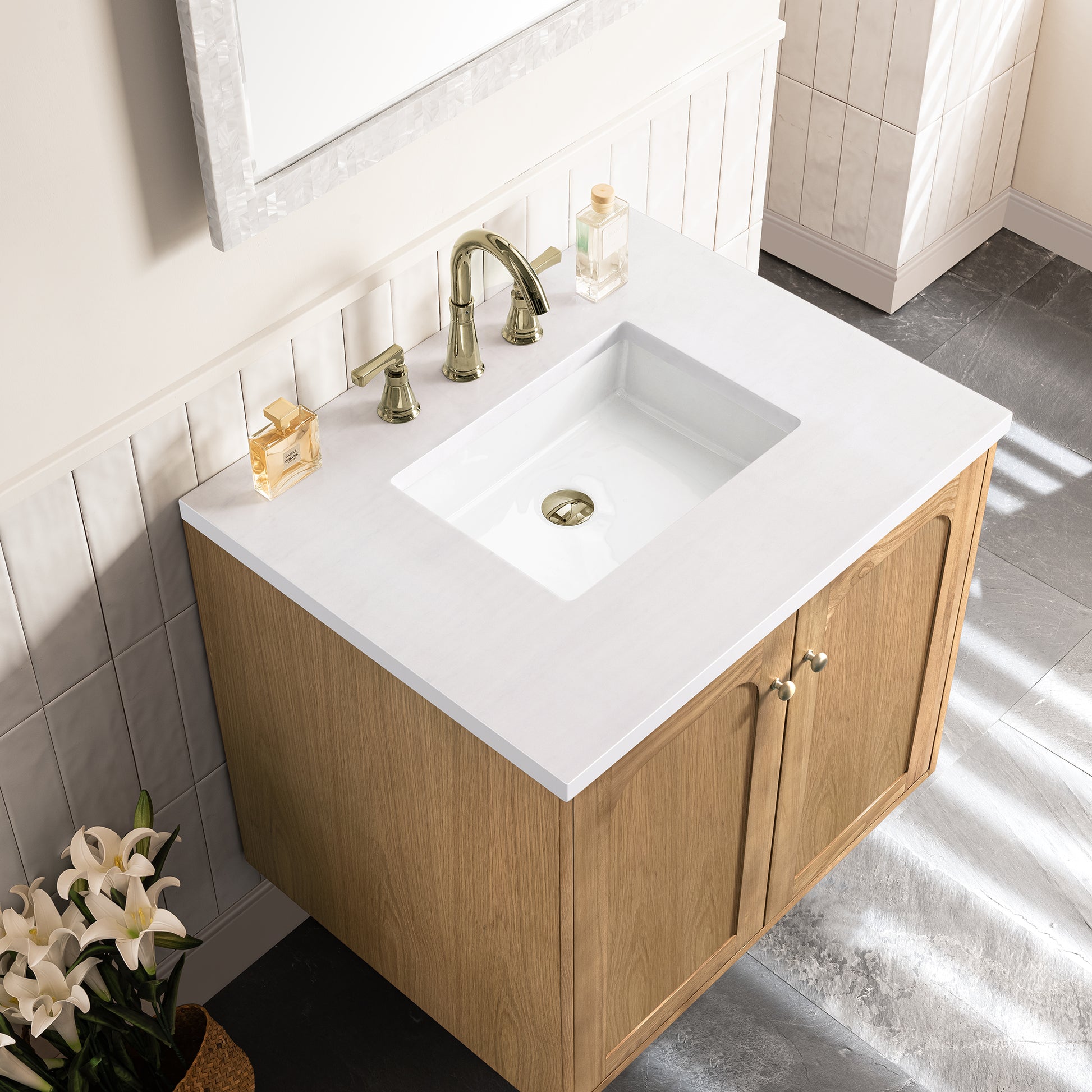 Renovate for Less Atlanta Laurent 30" Single Vanity, Light Natural Oak w/ 3 CM White Zeus Top