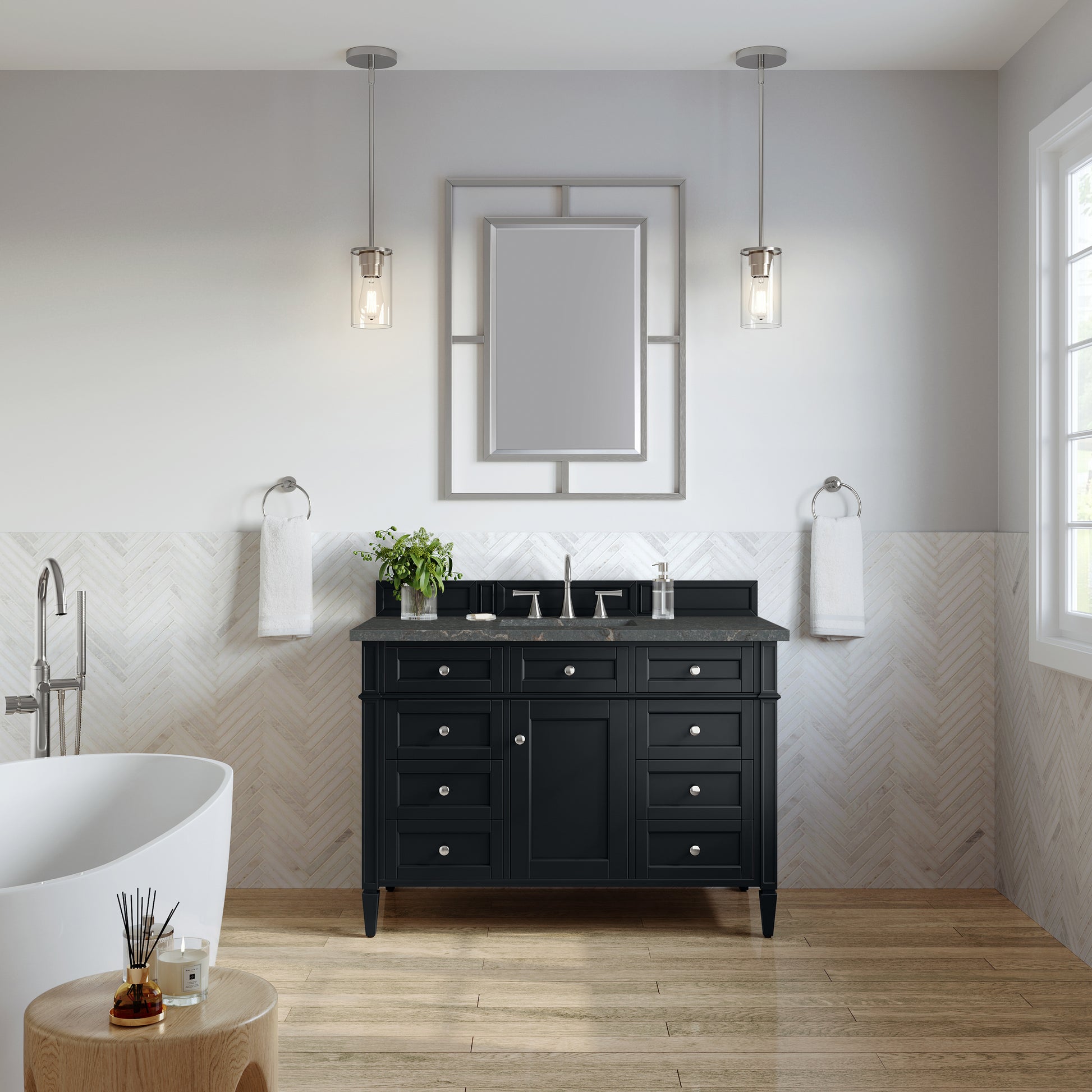 Renovate for Less Atlanta Brittany 48" Single Vanity, Black Onyx w/ 3 CM Parisien Bleu Silestone Top