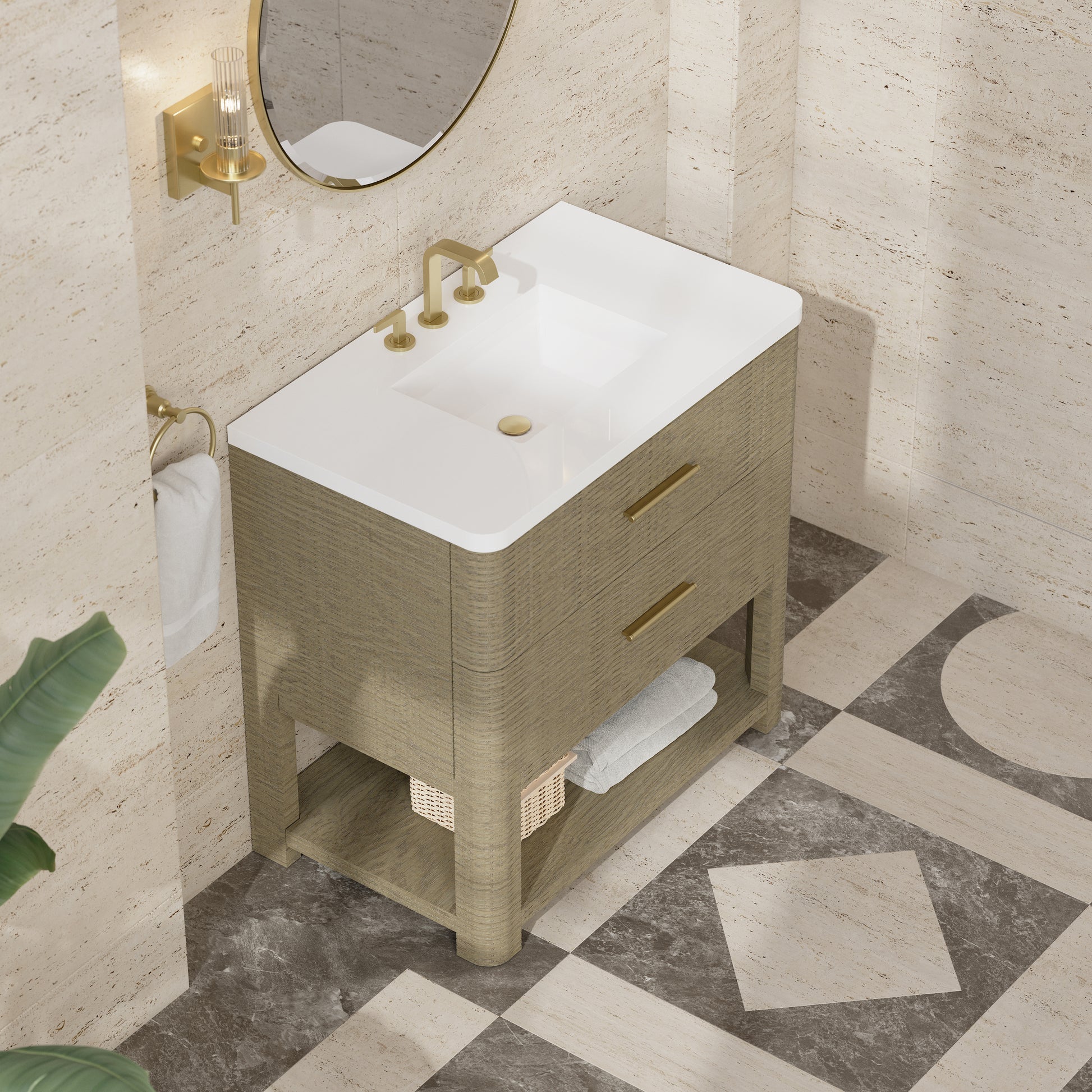 Renovate for Less Atlanta Lucian 36" Single Vanity, Pebble Oak w/ 3 CM White Zeus Silestone Widespread Top