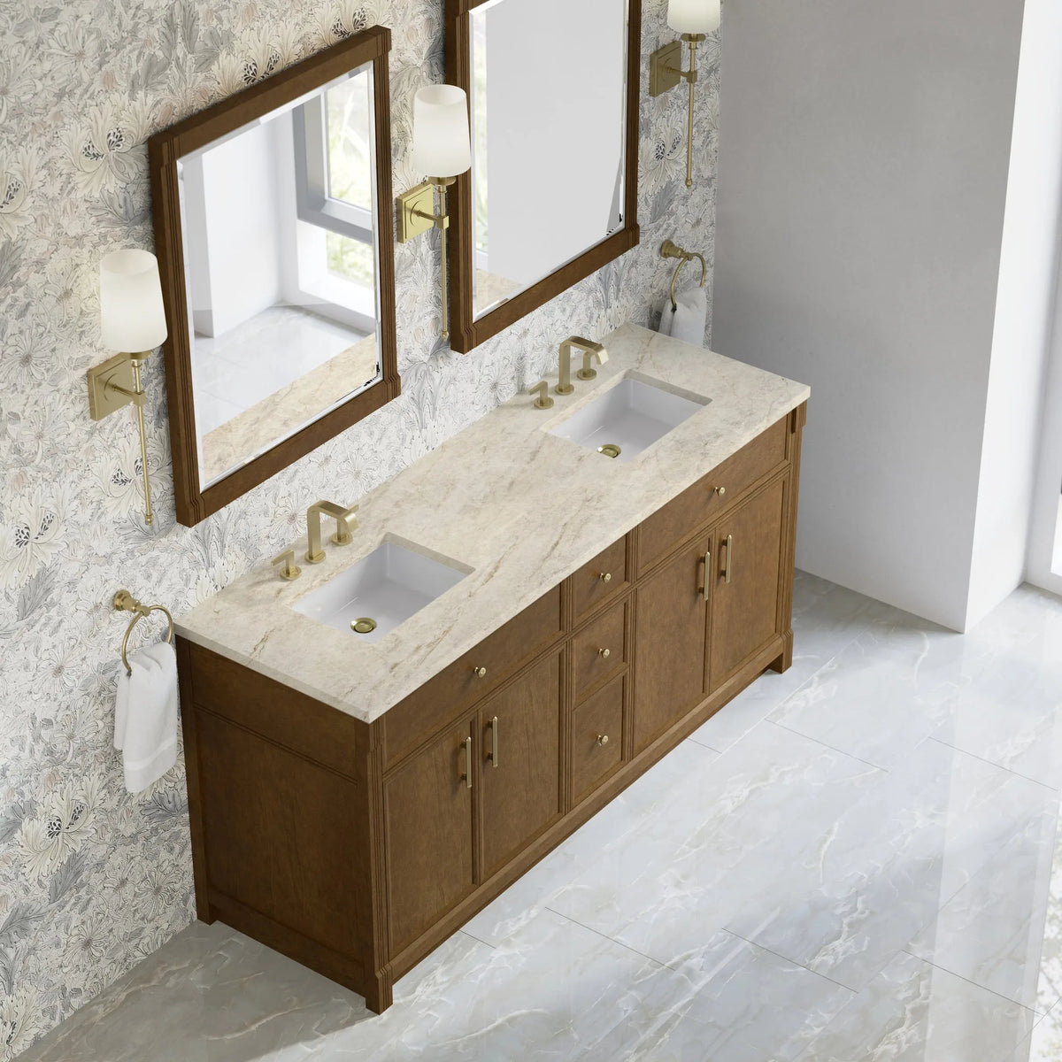 Bellshire 72" Double Vanity, Honey Oak w/ 3 CM Tajnar Eclos Top
