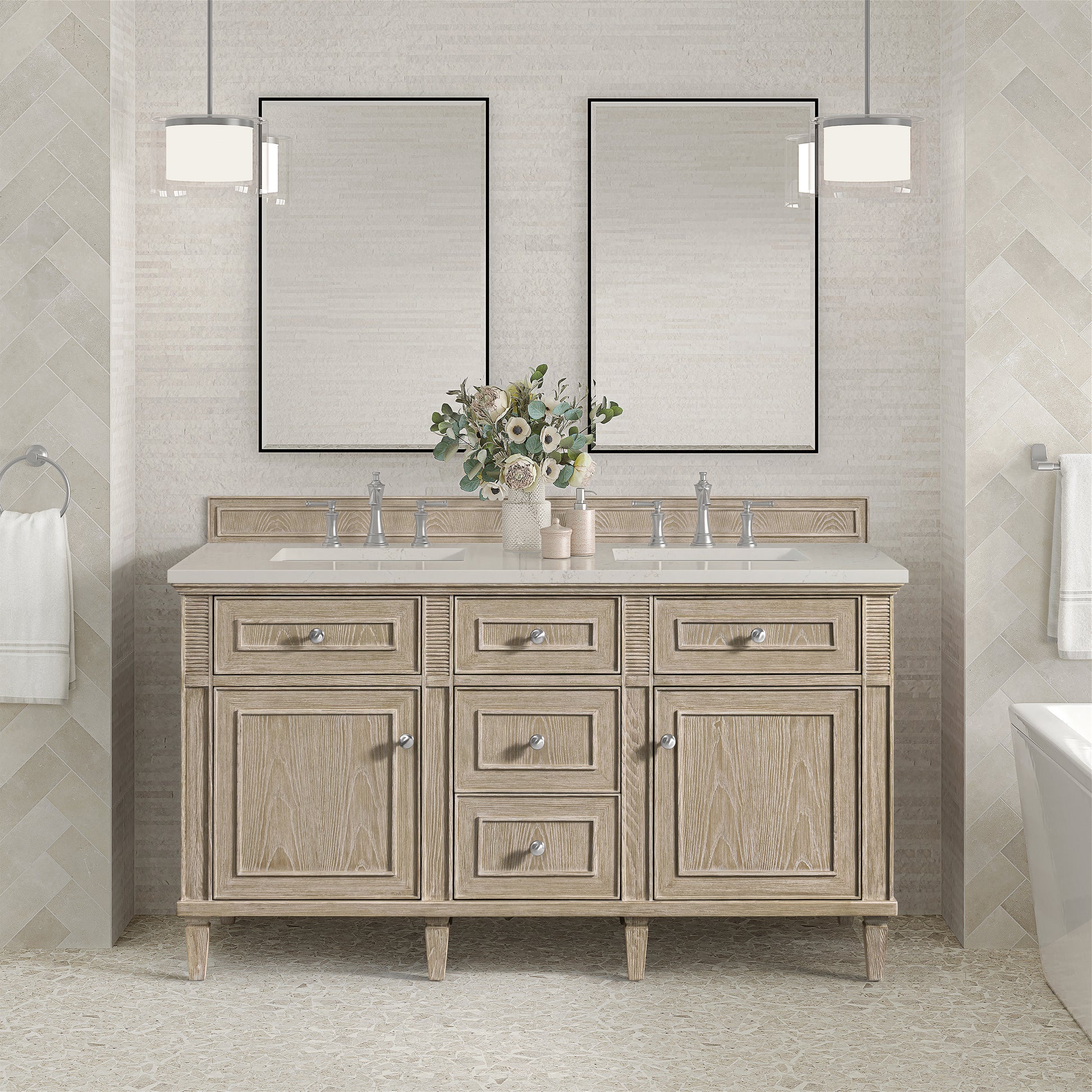 Renovate for Less Atlanta Lorelai 60" Double Vanity, Whitewashed Oak, w/ 3 CM Siberian Silestone Top