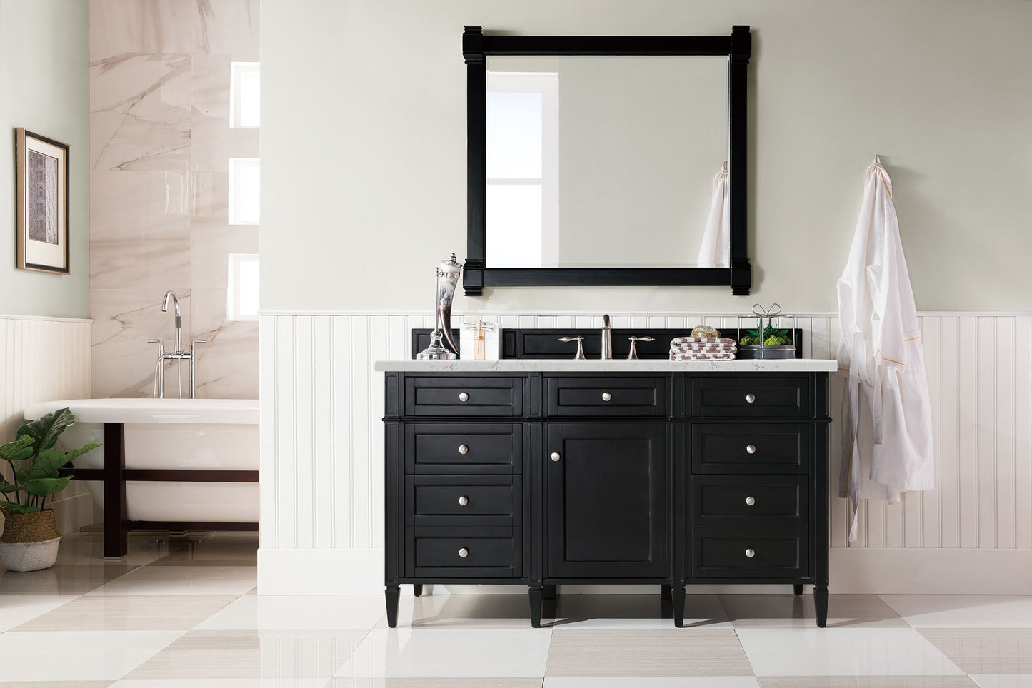 Renovate for Less Atlanta Brittany 60" Single Vanity, Black Onyx, w/ 3 CM Eternal Jasmine Pearl Silestone Top w/FreePower Wireless Charger