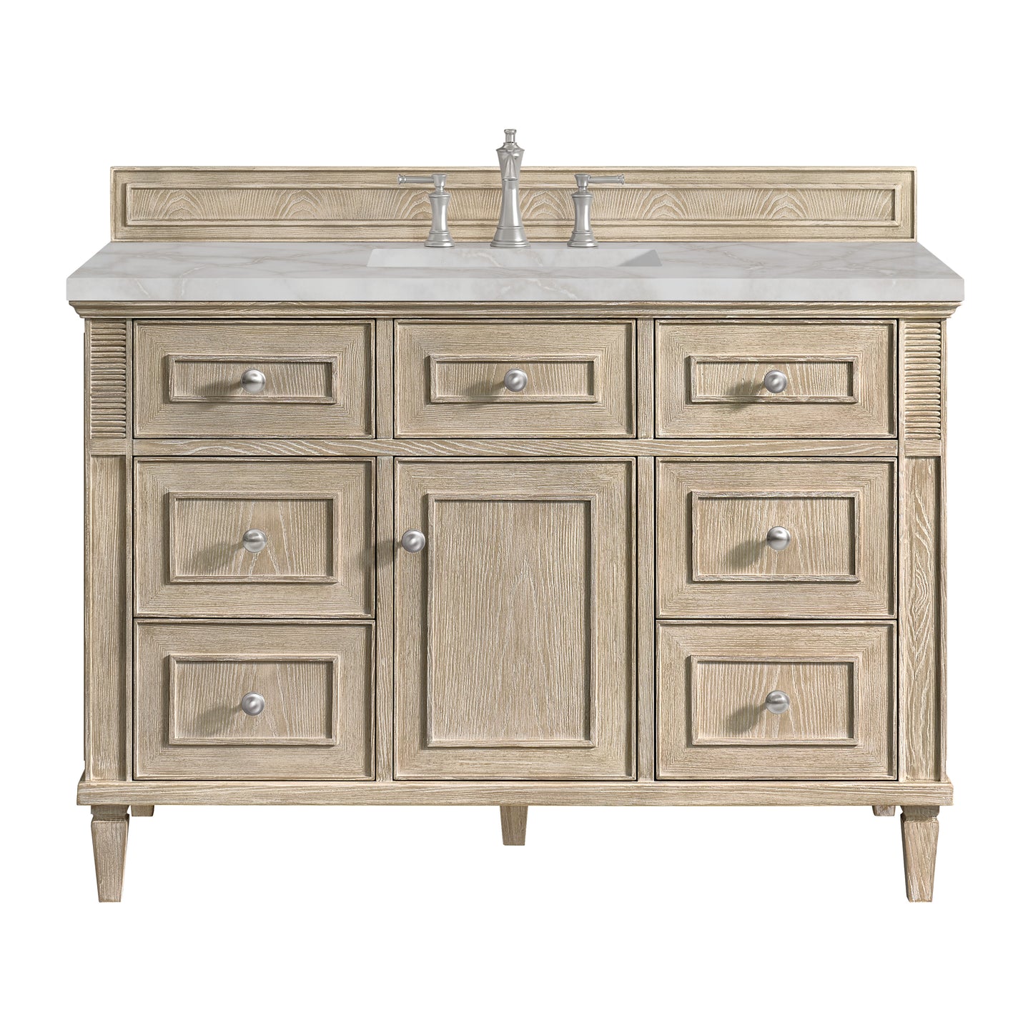 Renovate for Less Atlanta Lorelai 48" Single Vanity, Whitewashed Oak w/ 3 CM Victorian Silver Silestone Top w/FreePower Wireless Charger