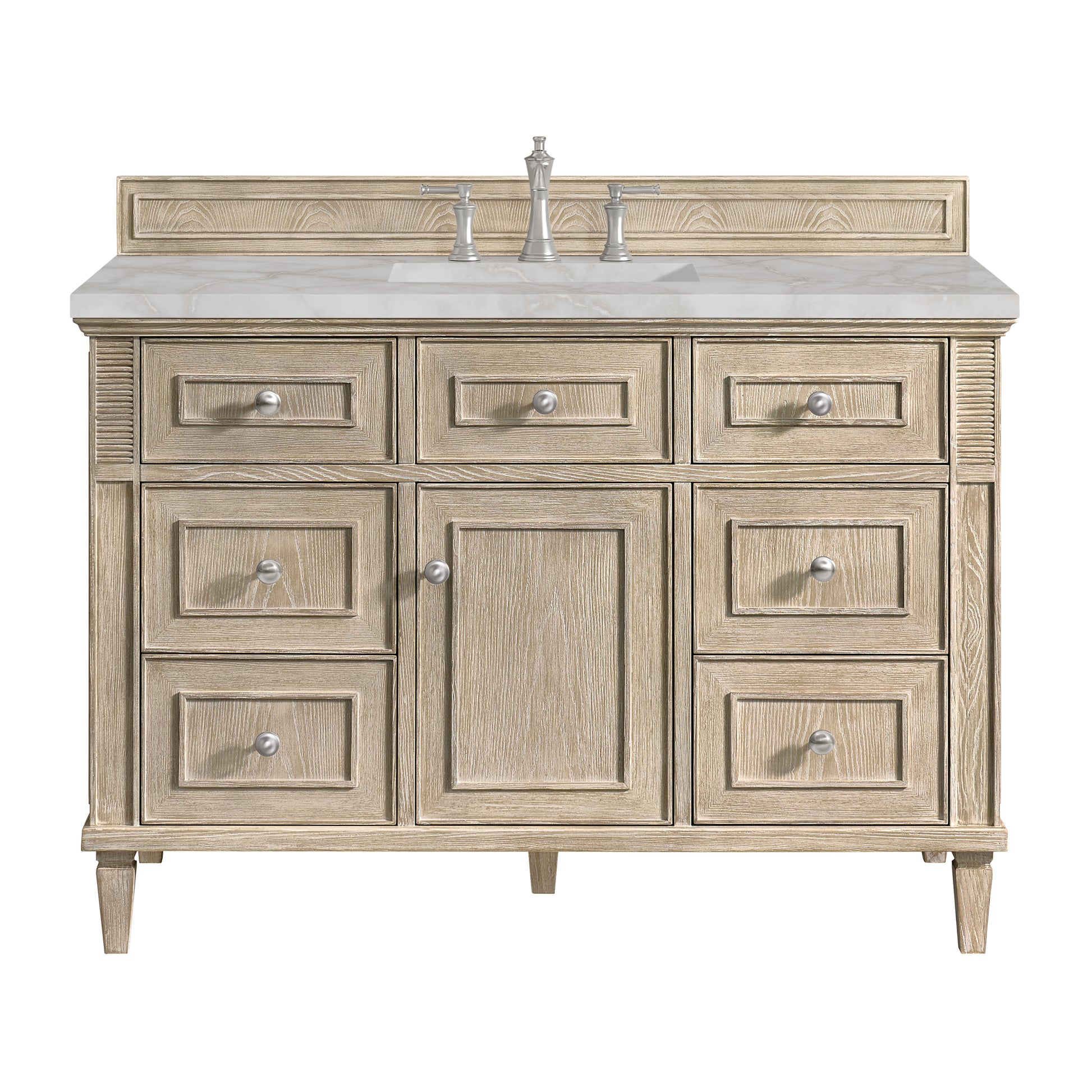 Renovate for Less Atlanta Lorelai 48" Single Vanity, Whitewashed Oak w/ 3 CM Victorian Silver Silestone Top w/FreePower Wireless Charger