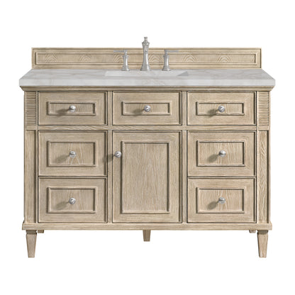 Renovate for Less Atlanta Lorelai 48" Single Vanity, Whitewashed Oak w/ 3 CM Victorian Silver Silestone Top w/FreePower Wireless Charger