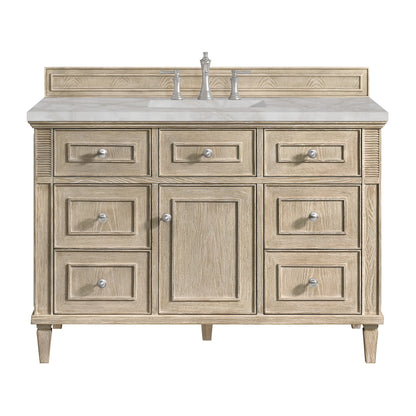 Lorelai 48" Single Vanity, Whitewashed Oak w/ 3 CM Victorian Silver Silestone Top w/FreePower Wireless Charger
