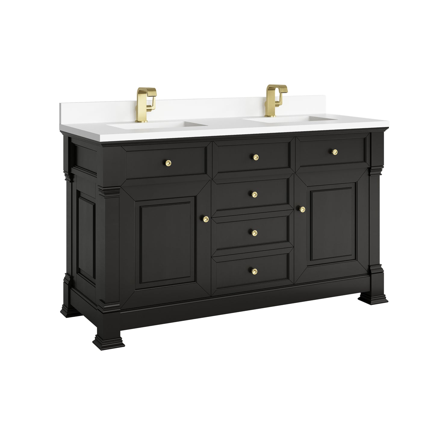 Renovate for Less Atlanta Brookfield 60" Double Vanity, Black Onyx w/ Single Hole 3CM White Zeus Silestone Top & Backsplash