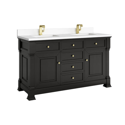 Renovate for Less Atlanta Brookfield 60" Double Vanity, Black Onyx w/ Single Hole 3CM White Zeus Silestone Top & Backsplash