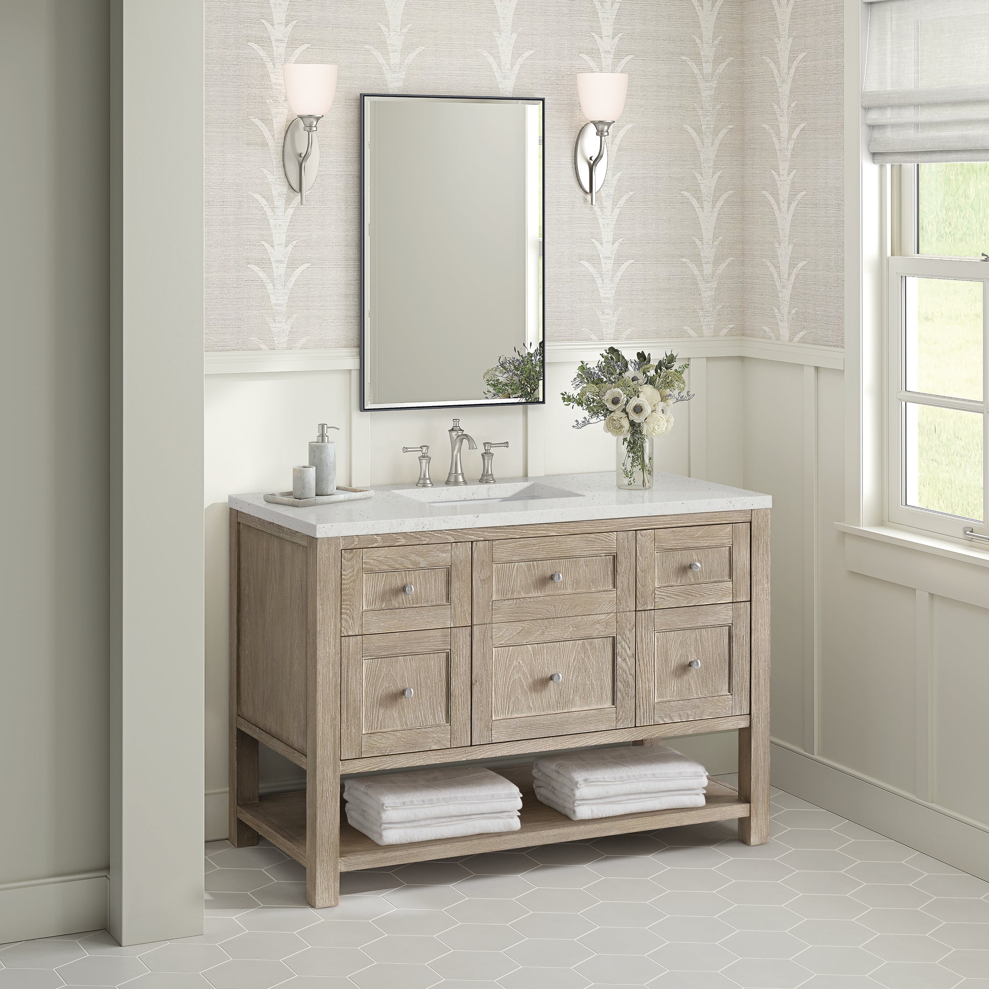 Renovate for Less Atlanta Breckenridge 48" Single Vanity, Whitewashed Oak w/ 3 CM Lime Delight Silestone Top
