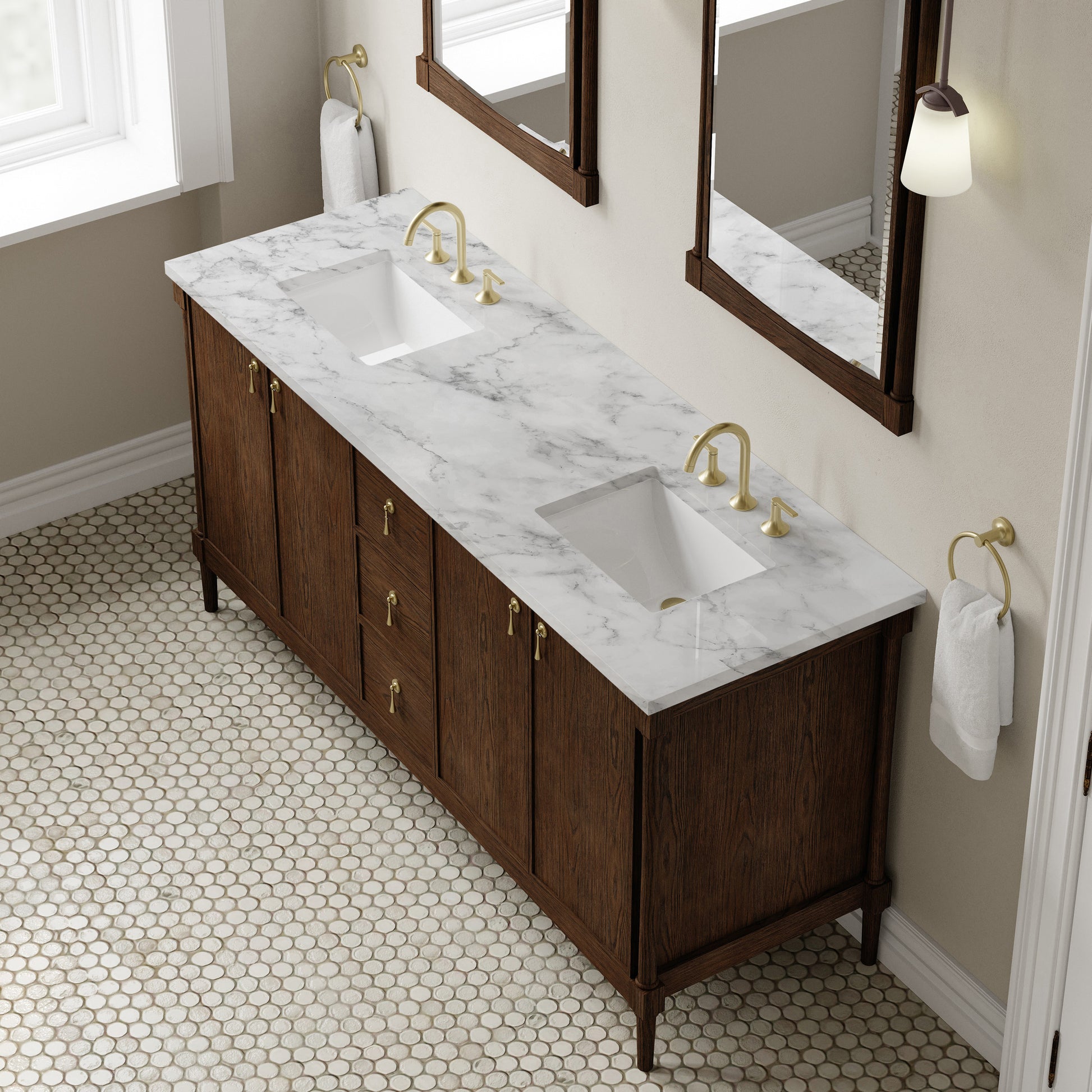 Renovate for Less Atlanta Kinnsden 72" Double Vanity, Sable Oak w/ 3 CM Carrara Marble Top