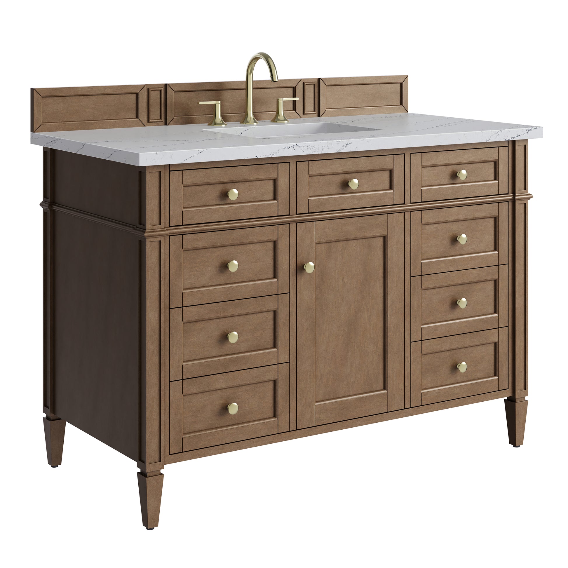 Renovate for Less Atlanta Brittany 48" Single Vanity, Pecan w/ 3 CM Ethereal Noctis Silestone Top w/FreePower Wireless Charger