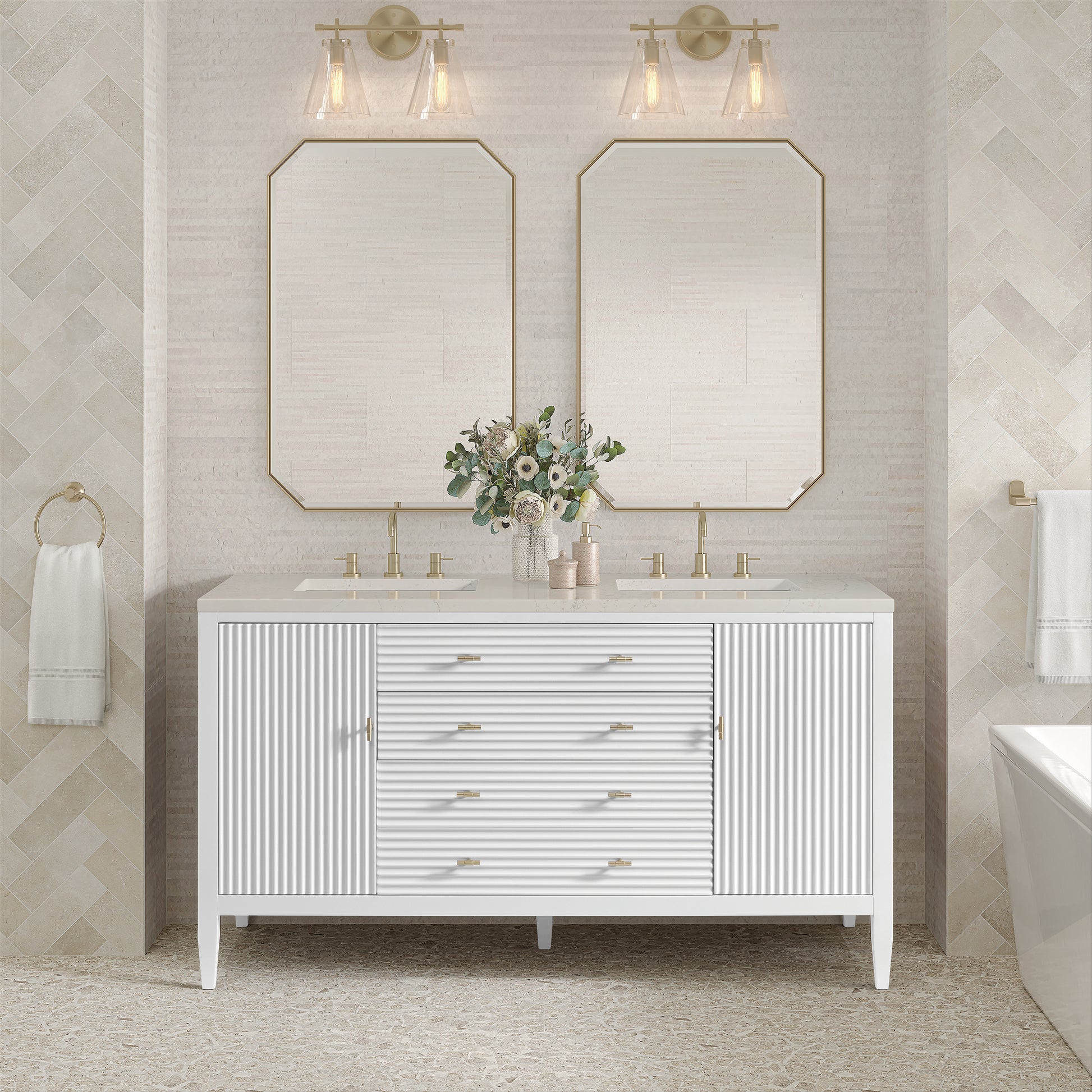 Renovate for Less Atlanta Myrrin 60" Double Vanity, Bright White, w/ 3 CM Siberian Silestone Top