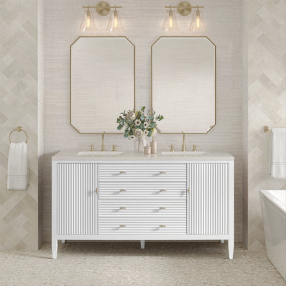 Renovate for Less Atlanta Myrrin 60" Double Vanity, Bright White, w/ 3 CM Siberian Silestone Top