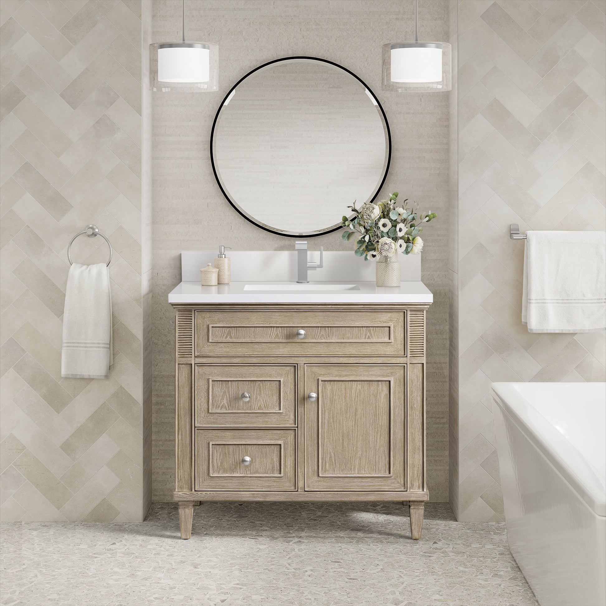 Renovate for Less Atlanta Lorelai 36" Single Vanity, Whitewashed Oak w/ Single Hole 3 CM White Zeus Silestone Top & Backsplash