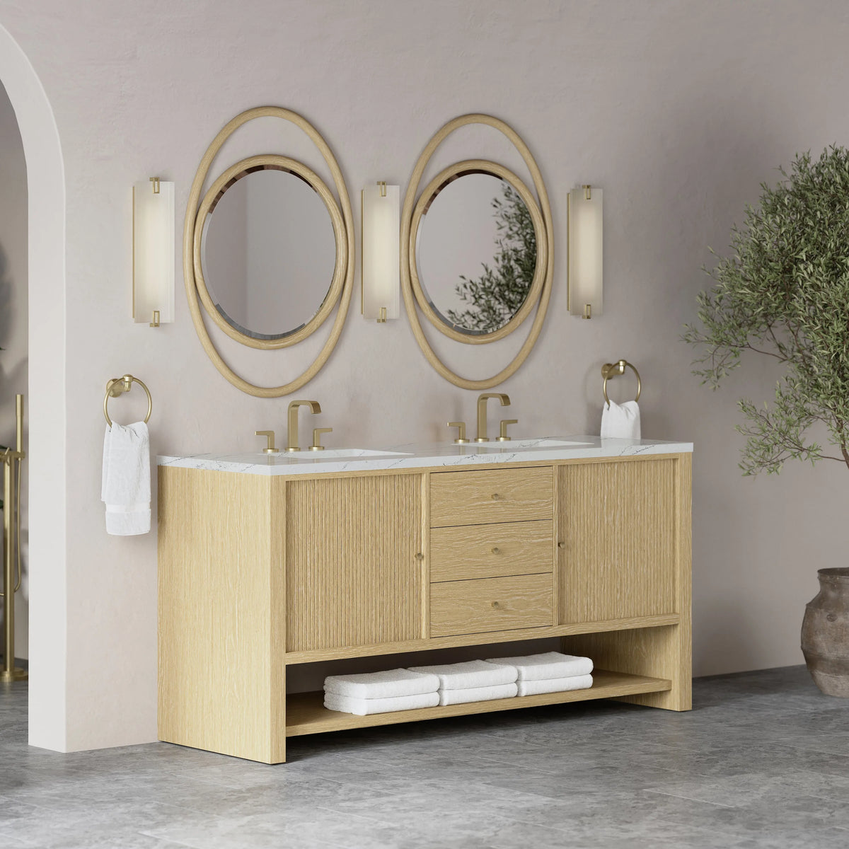 Marigot 72" Double Vanity, Sunwashed Oak w/ 3 CM Ethereal Noctis Silestone Top