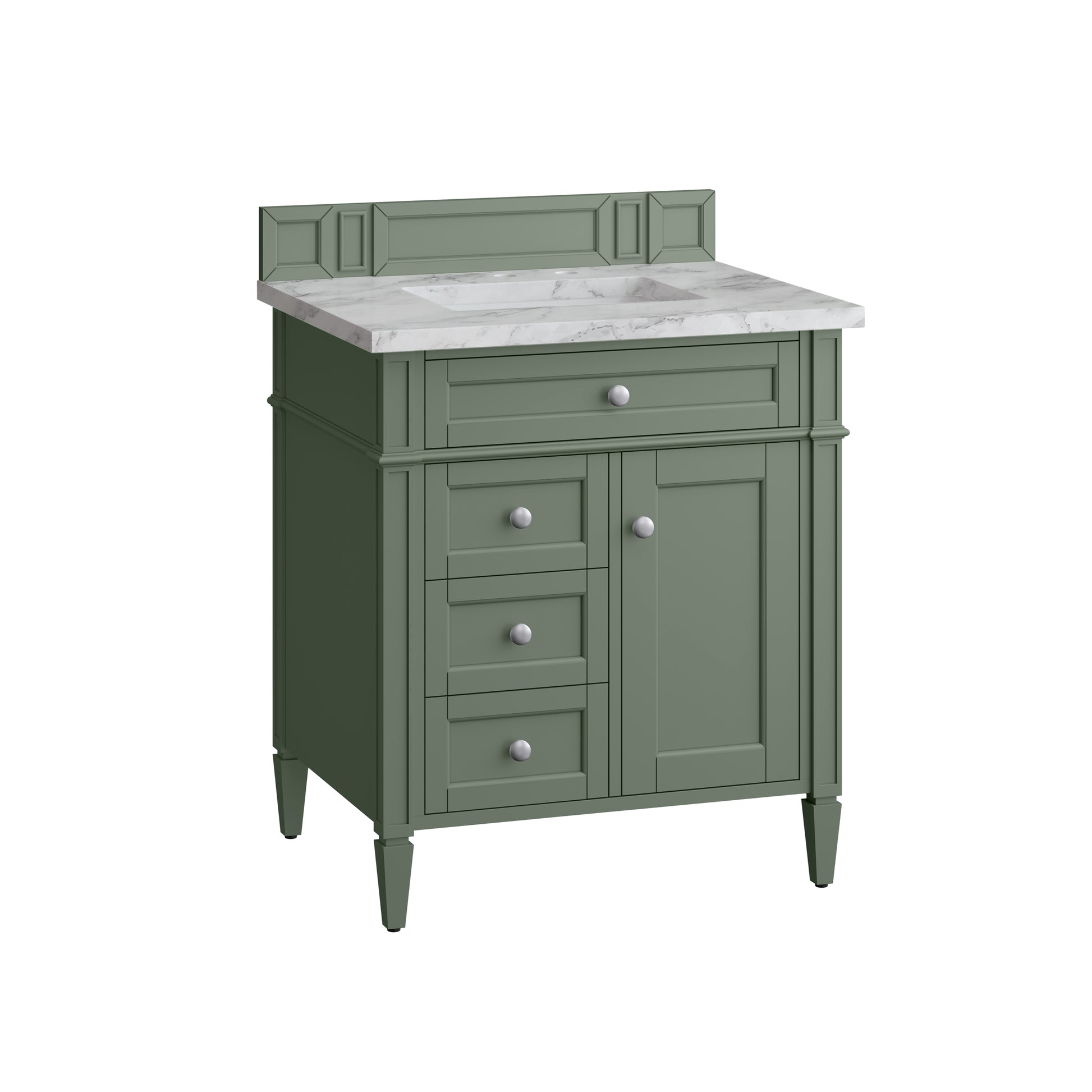Renovate for Less Atlanta Brittany 30" Single Vanity, Smokey Celadon w/ 3 CM Carrara Marble Top