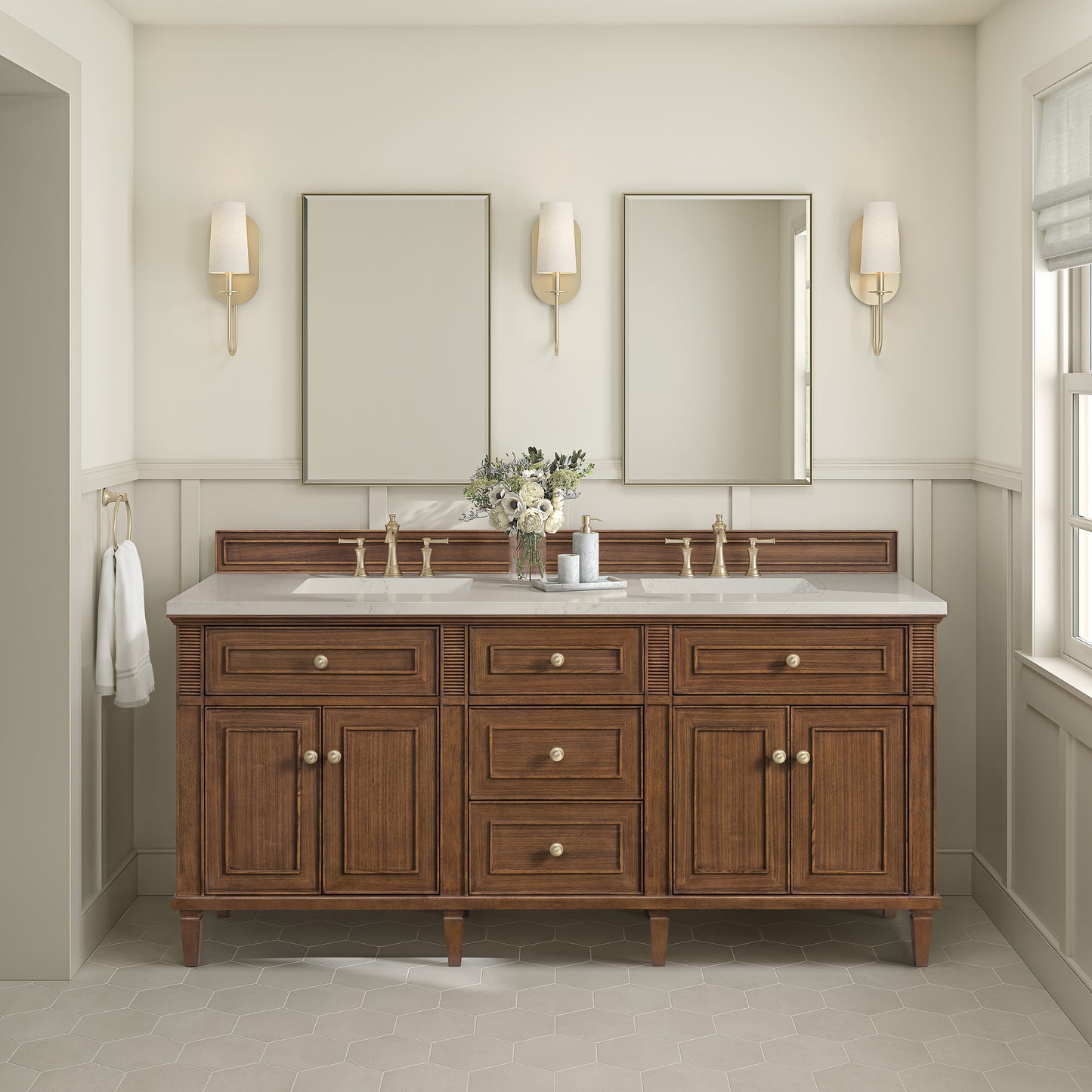 Renovate for Less Atlanta Lorelai 72" Double Vanity, Mid-Century Walnut, w/ 3 CM Siberian Silestone Top w/FreePower Wireless Charger
