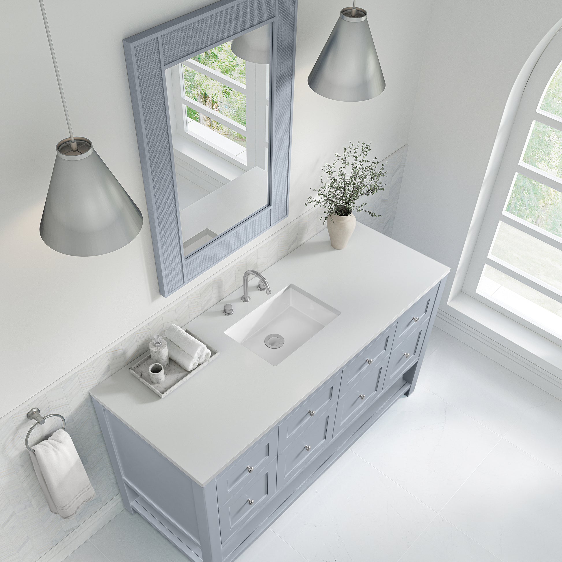 Renovate for Less Atlanta Breckenridge 60" Single Vanity, Serenity Blue, w/ 3 CM White Zeus Quartz Top
