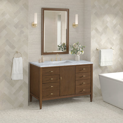 Renovate for Less Atlanta Myrrin 48" Single Vanity, Mid Century Walnut w/ 3 CM Carrara White Marble Top