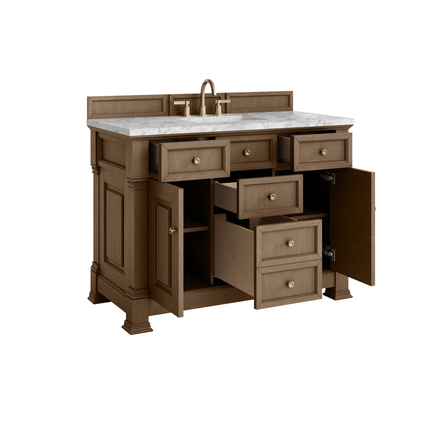 Renovate for Less Atlanta Brookfield 48" Single Vanity, Pecan w/3 CM Carrara White Marble Top