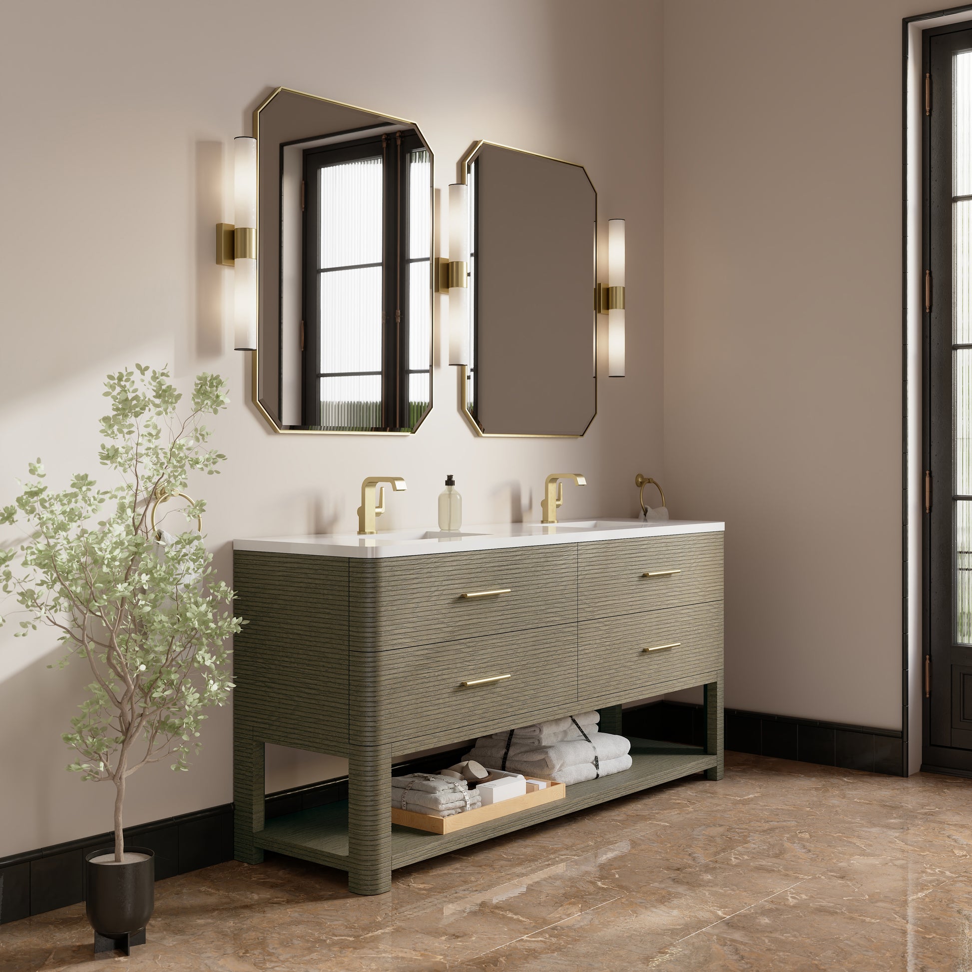 Renovate for Less Atlanta Lucian 72" Double Vanity, Pebble Oak w/ 3 CM White Zeus Silestone Top