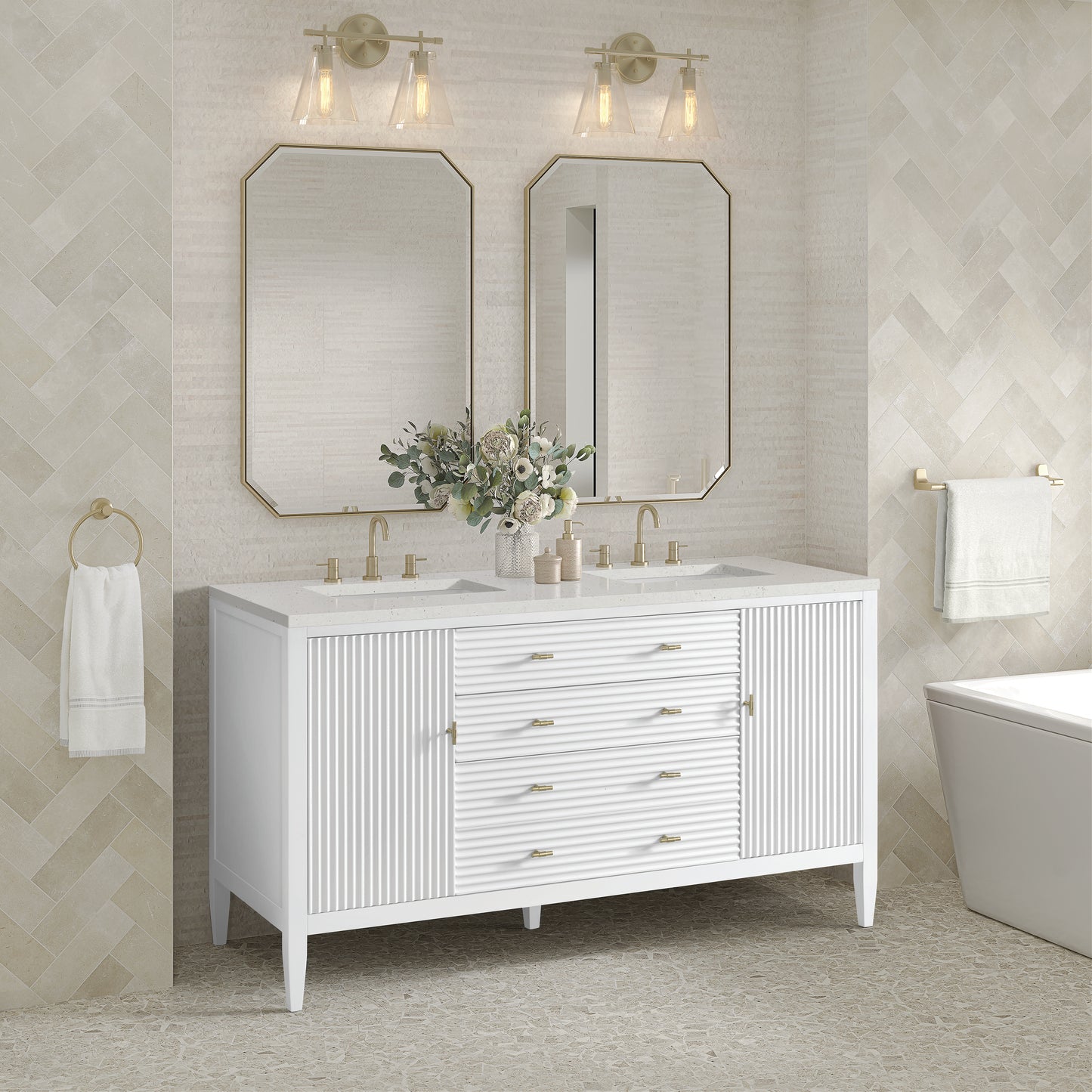 Renovate for Less Atlanta Myrrin 60" Double Vanity, Bright White w/ 3 CM Lime Delight Silestone Top