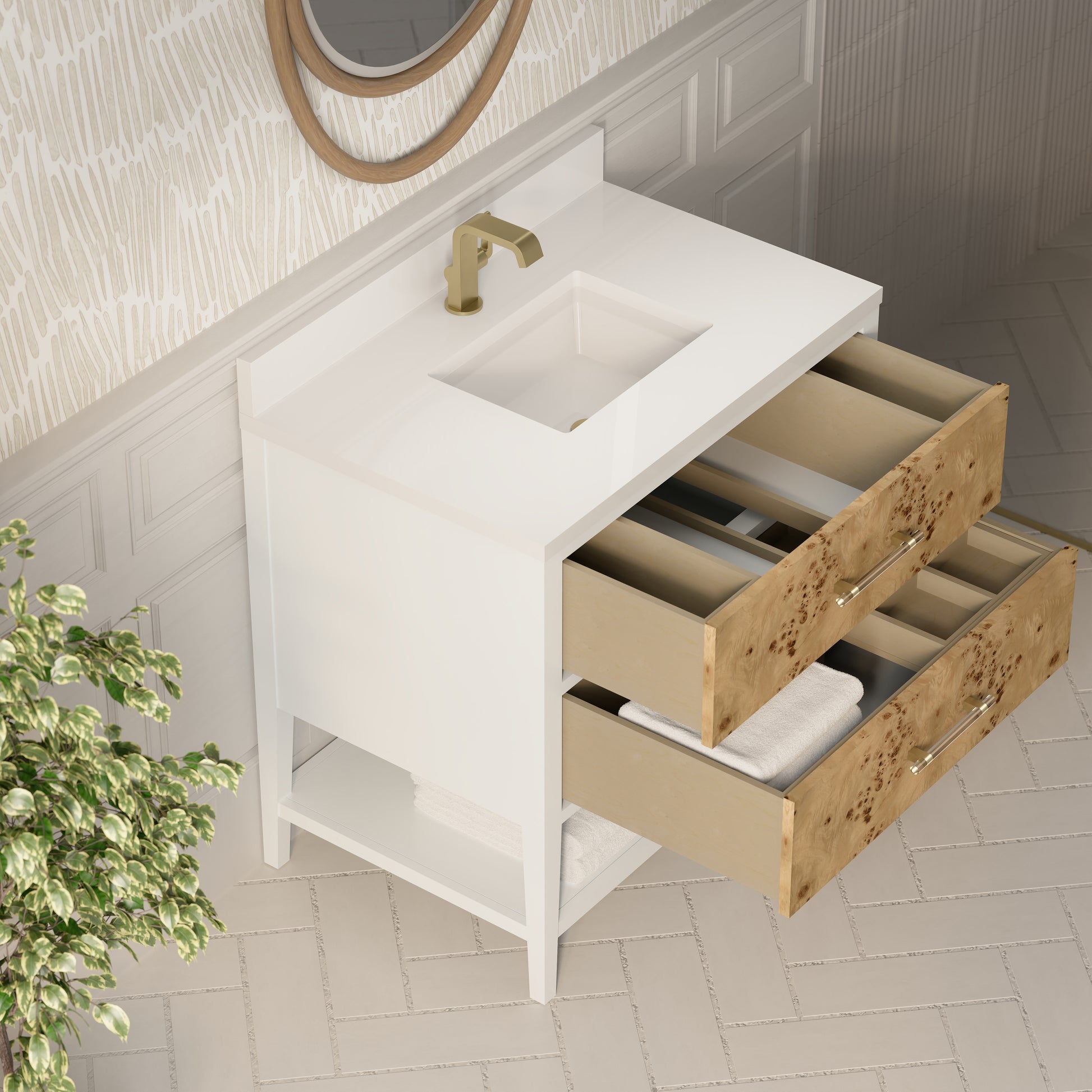 Renovate for Less Atlanta Olena 36" Single Vanity, Light Mappa Burl and Polished White w/ Single Hole 3 CM White Zeus Silestone Top & Backsplash