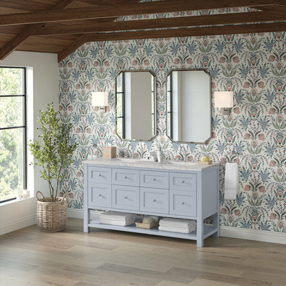 Renovate for Less Atlanta Breckenridge 60" Double Vanity, Serenity Blue, w/ 3 CM Eternal Jasmine Pearl Quartz Top w/FreePower Wireless Charger