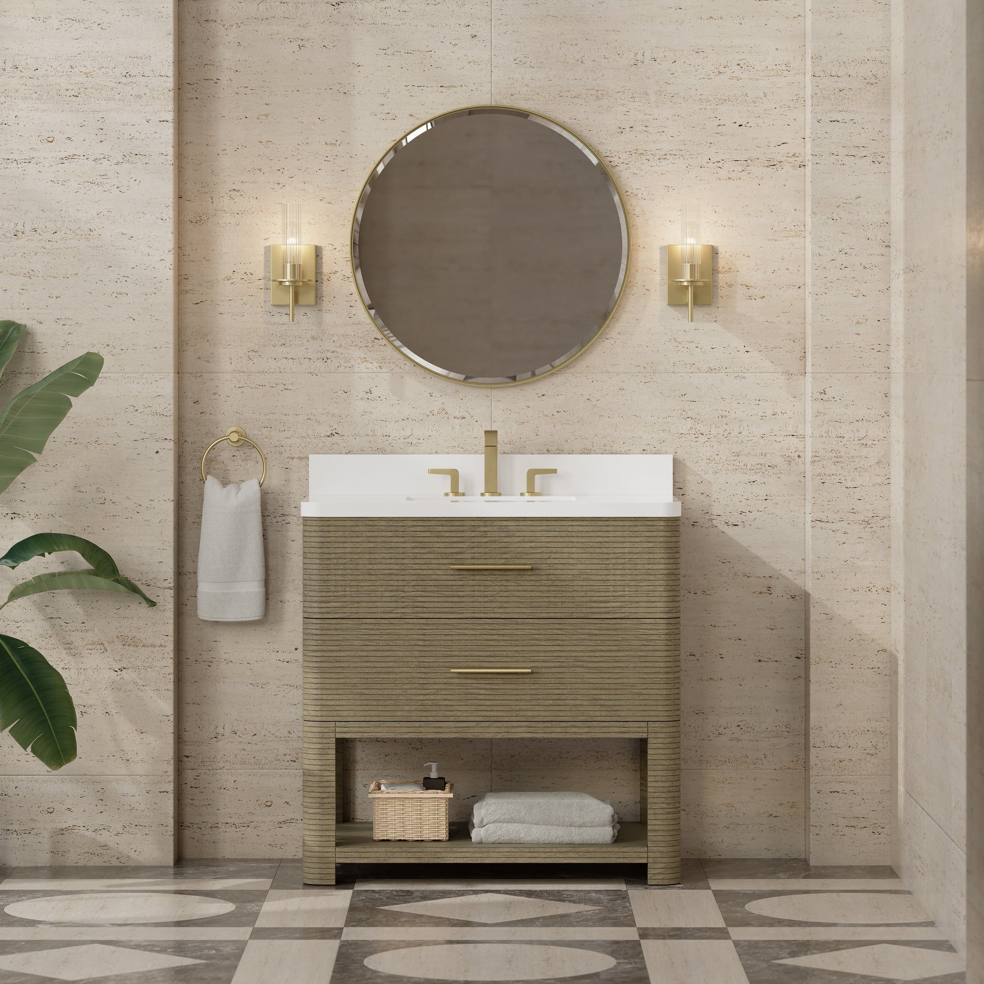 Renovate for Less Atlanta Lucian 36" Single Vanity, Pebble Oak w/ 3 CM White Zeus Silestone Widespread Top