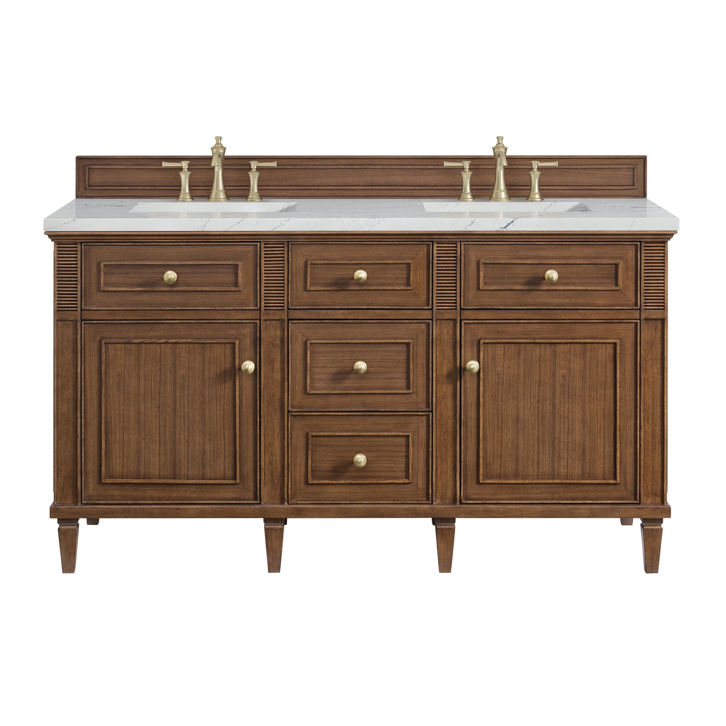 Renovate for Less Atlanta Lorelai 60" Double Vanity, Mid-Century Walnut w/ 3 CM Ethereal Noctis Silestone Top w/FreePower Wireless Charger