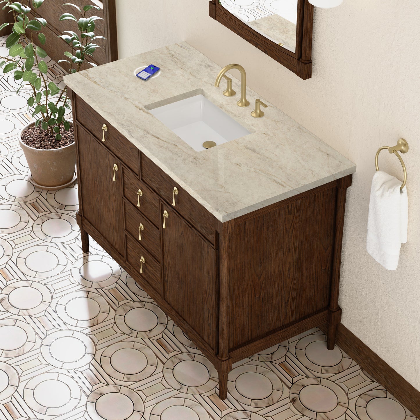 Renovate for Less Atlanta Kinnsden 48" Single Vanity, Sable Oak w/ 3 CM Tajnar Eclos Top w/FreePower Wireless Charger