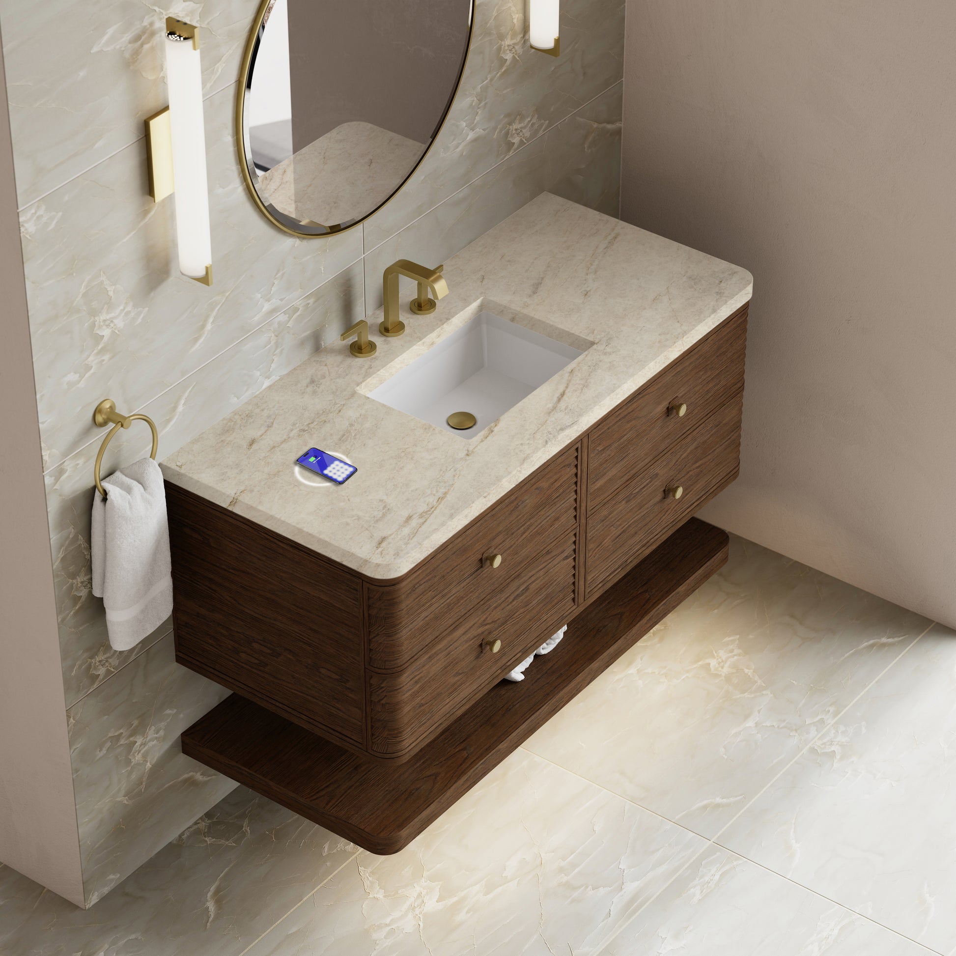 Renovate for Less Atlanta Allamari 48" Single Vanity, Sable w/ 3 CM Tajnar Eclos Top w/FreePower Wireless Charger