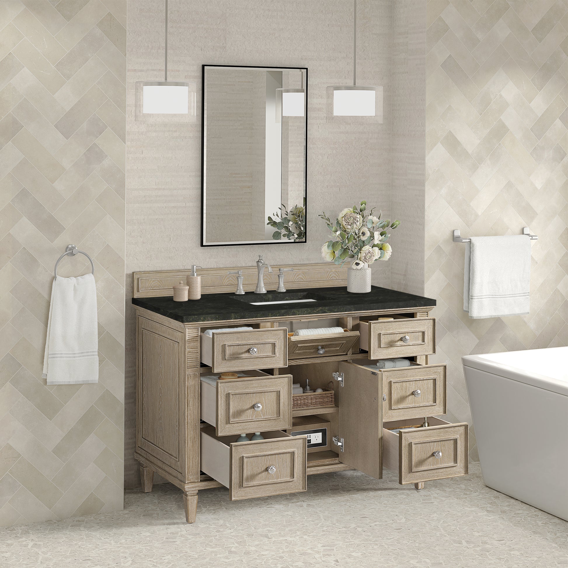 Renovate for Less Atlanta Lorelai 48" Single Vanity, Whitewashed Oak, w/ 3 CM Phantome Eclos Top