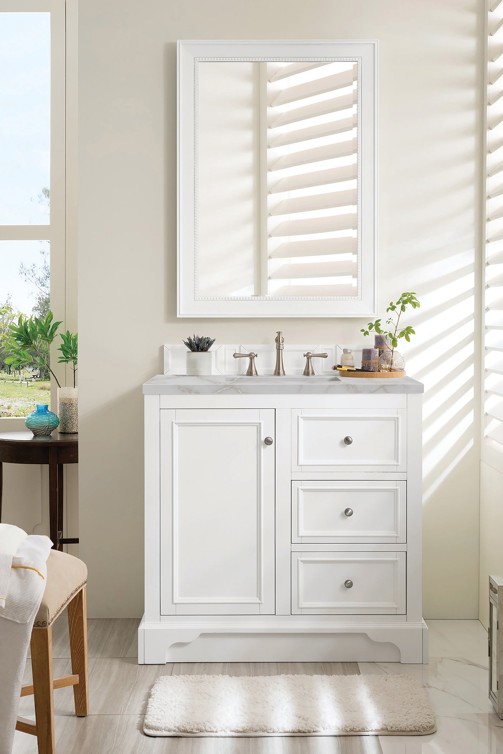 Renovate for Less Atlanta De Soto 36" Single Vanity, Bright White w/ 3 CM Victorian Silver Silestone Top