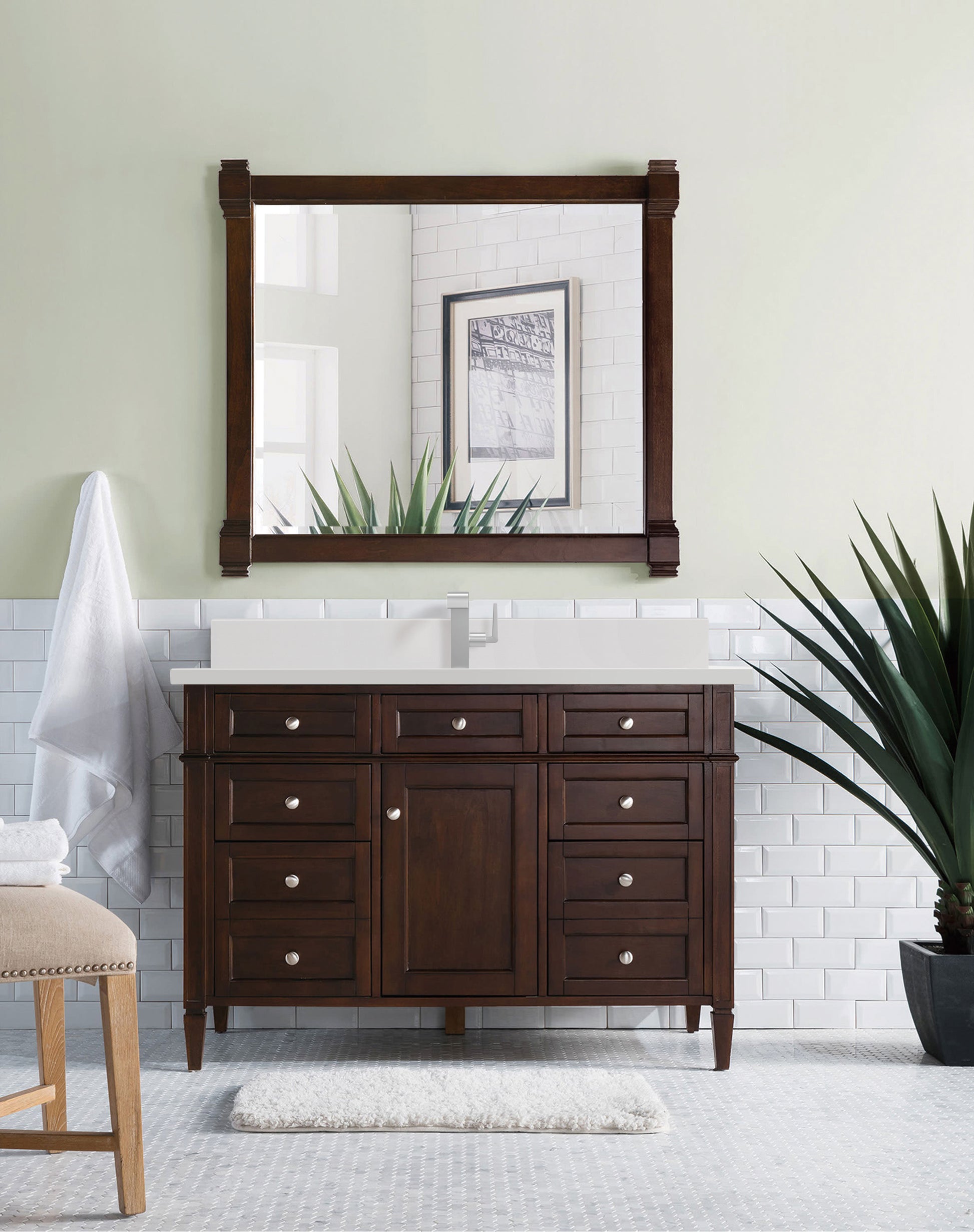Renovate for Less Atlanta Brittany 48" Single Vanity, Burnished Mahogany w/ Single Hole 3 CM White Zeus Silestone Top & Backsplash