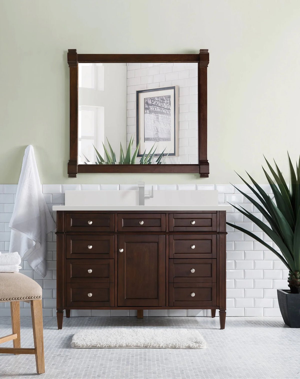 Brittany 48" Single Vanity, Burnished Mahogany w/ Single Hole 3 CM White Zeus Silestone Top & Backsplash