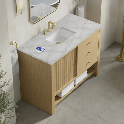 Marigot 48" Single Vanity, Sunwashed Oak w/ 3 CM Victorian Silver Silestone Top w/ FreePower Wireless Charger