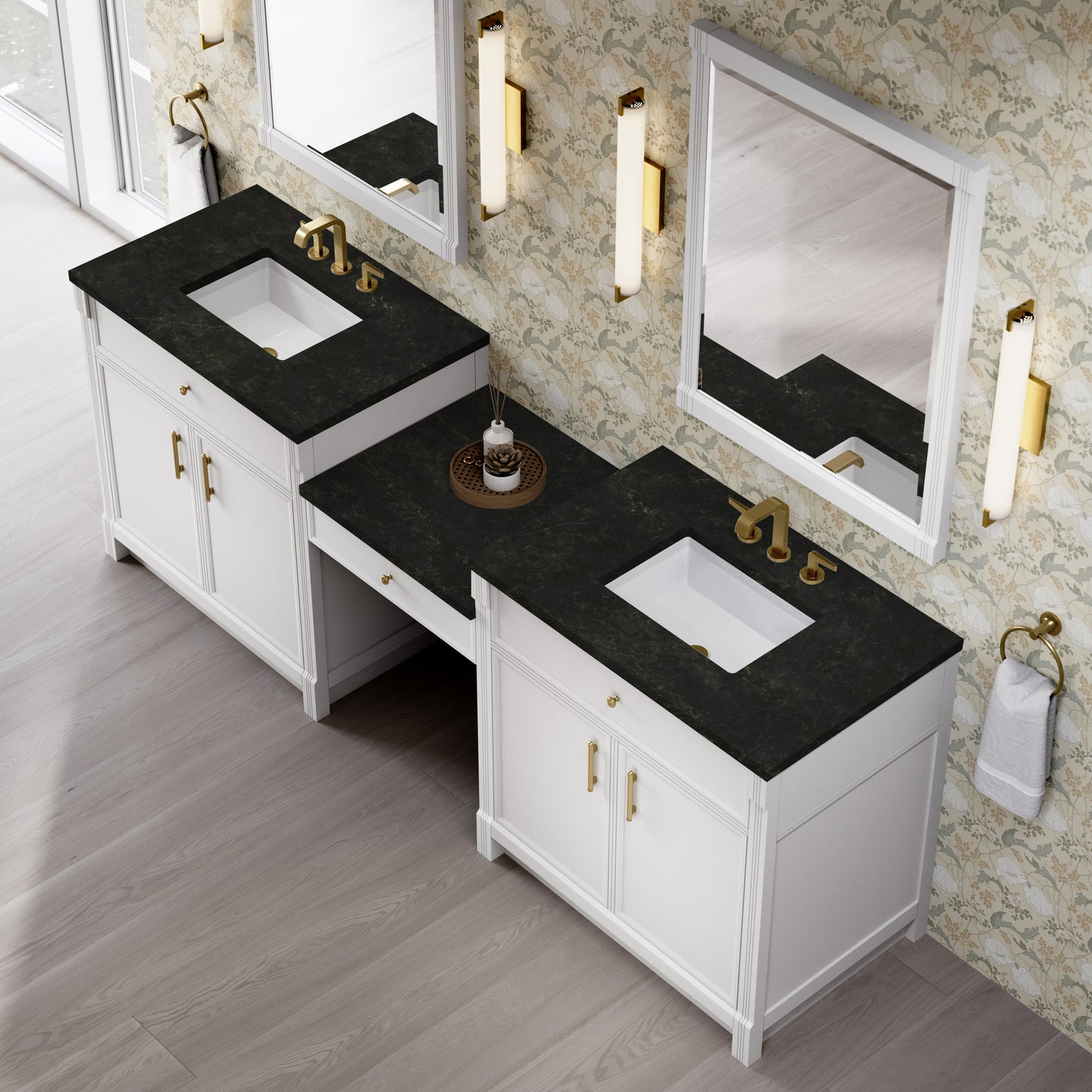 Renovate for Less Atlanta Bellshire 96" Dual Vanity Set with 24" Make-Up Counter, Bright White w/3 cm Phantome Eclos Top