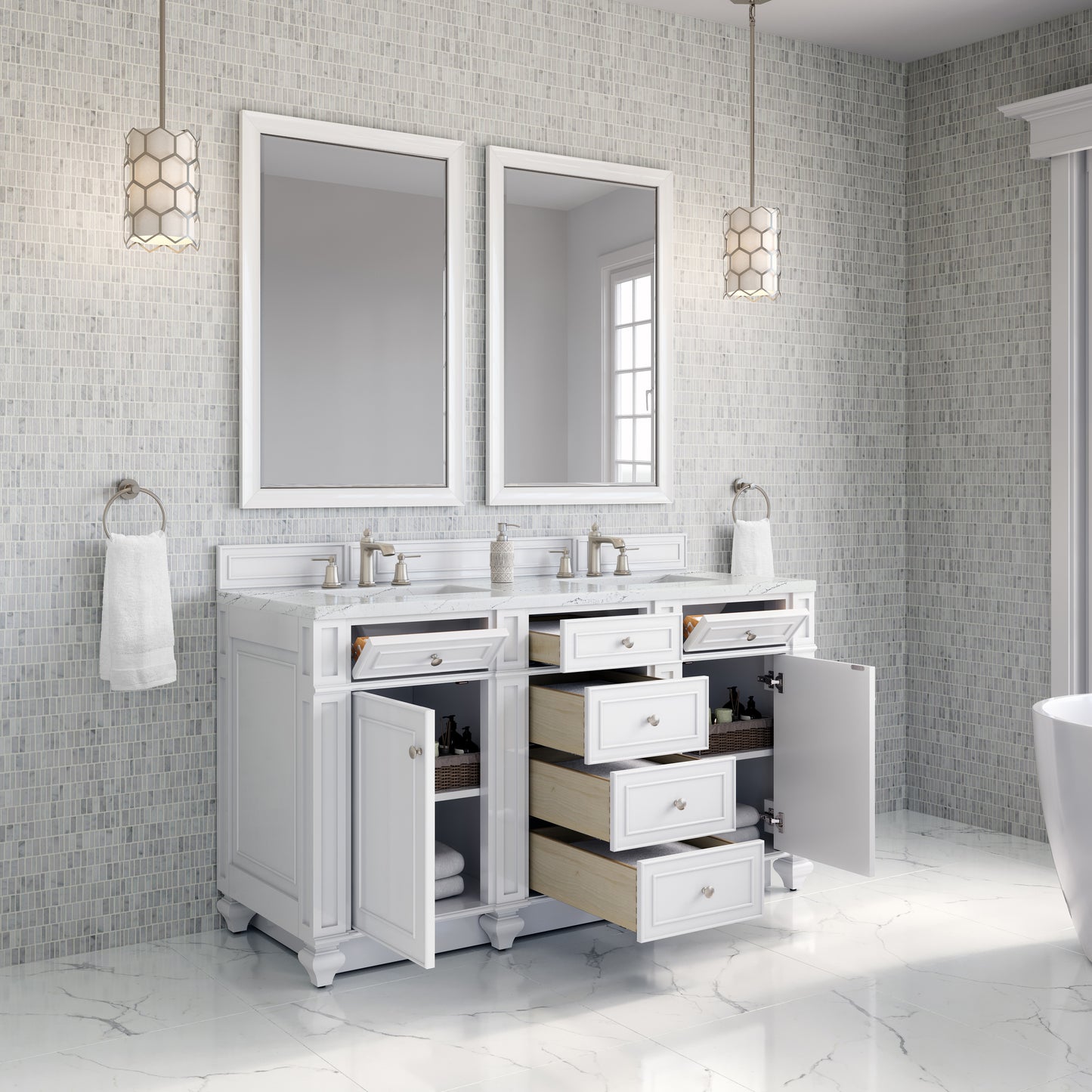 Renovate for Less Atlanta Bristol 60" Double Vanity, Bright White w/ 3 CM Ethereal Noctis Silestone Top