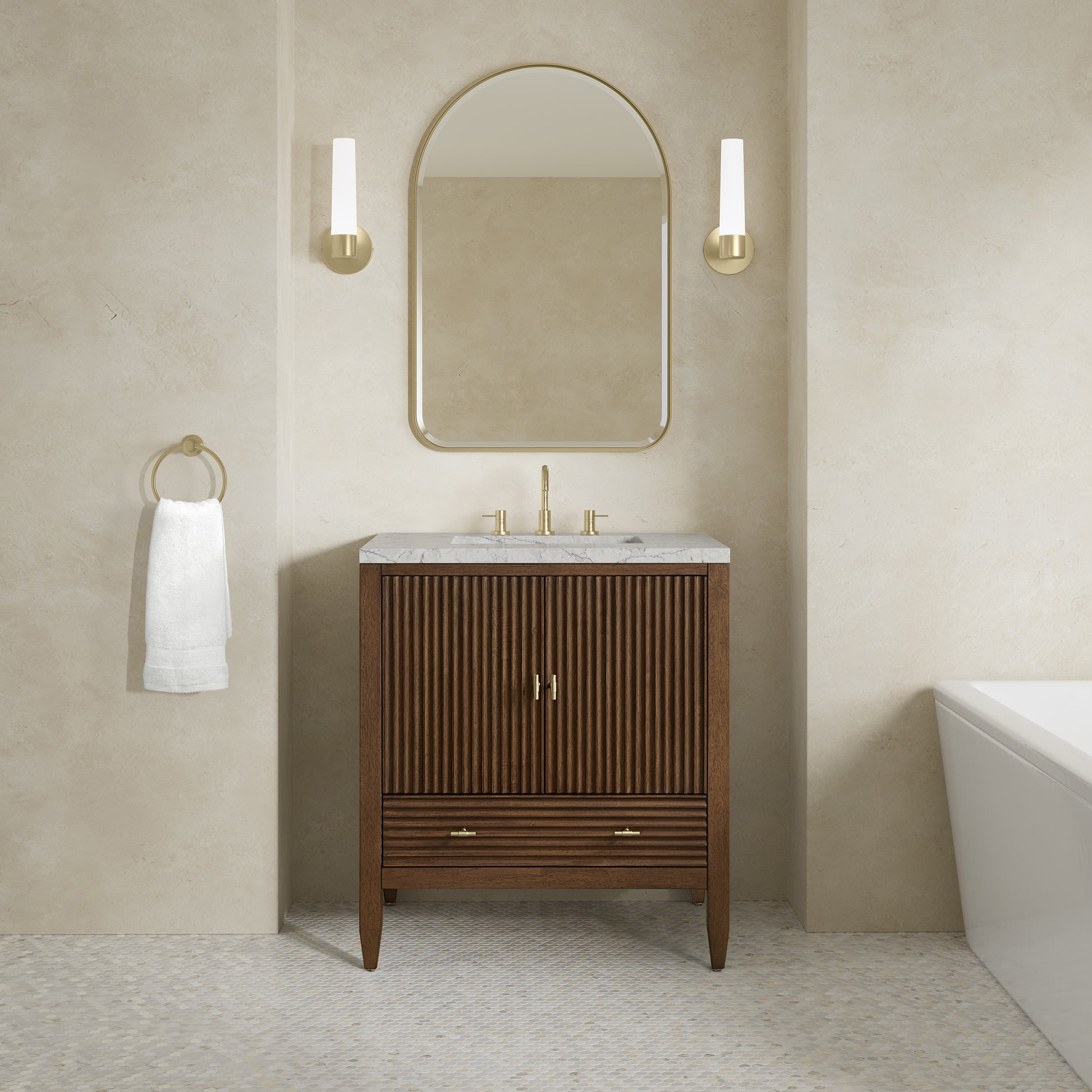 Renovate for Less Atlanta Myrrin 30" Single Vanity, Mid-Century Walnut w/ 3 CM Eternal Jasmine Pearl Silestone Top