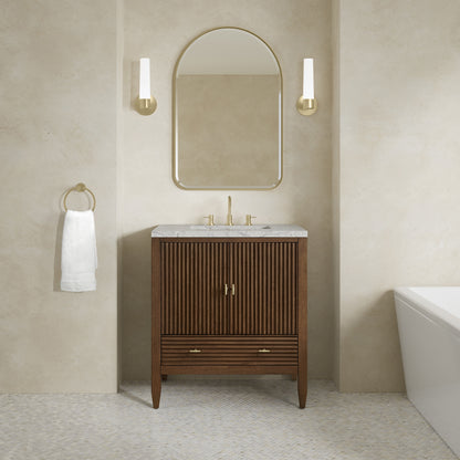 Renovate for Less Atlanta Myrrin 30" Single Vanity, Mid-Century Walnut w/ 3 CM Eternal Jasmine Pearl Silestone Top