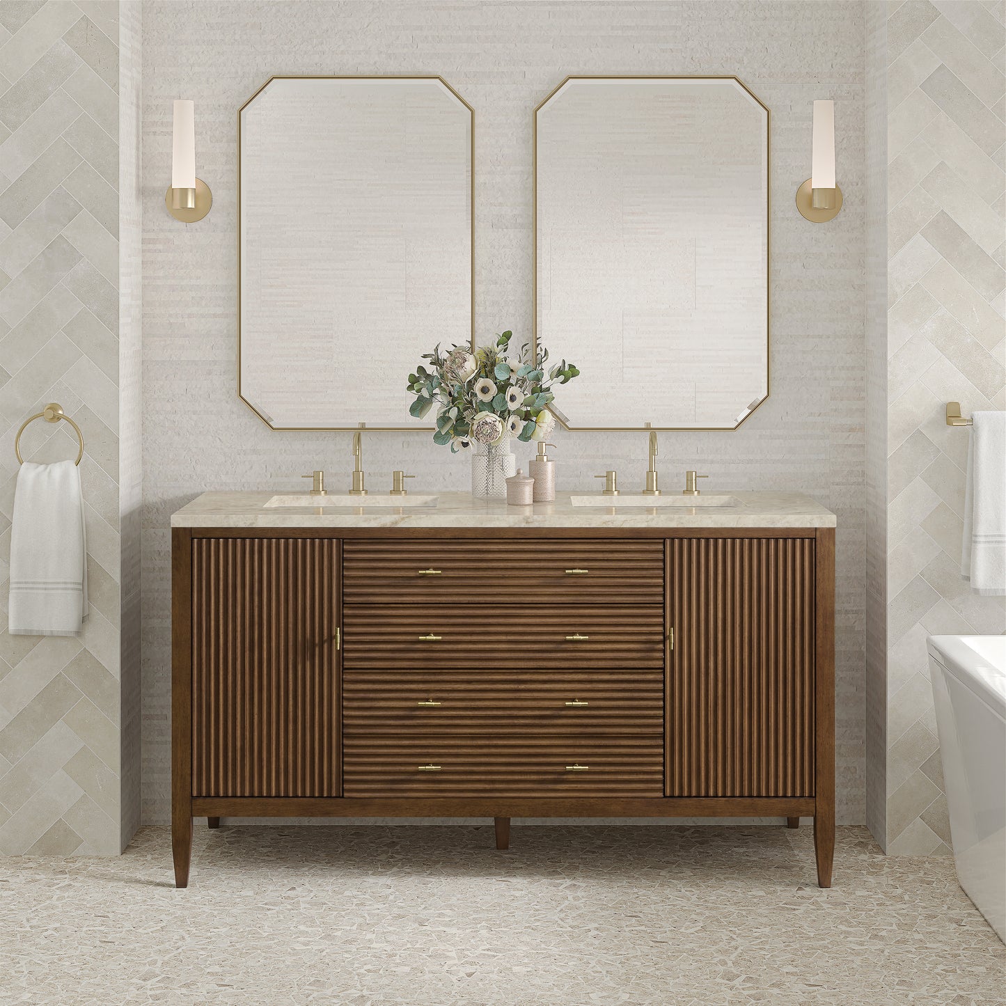 Renovate for Less Atlanta Myrrin 60" Double Vanity, Mid Century Walnut, w/ 3 CM Tajnar Eclos Top w/FreePower Wireless Charger