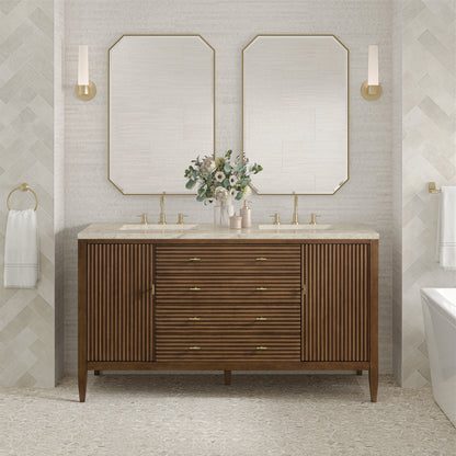 Renovate for Less Atlanta Myrrin 60" Double Vanity, Mid Century Walnut, w/ 3 CM Tajnar Eclos Top w/FreePower Wireless Charger