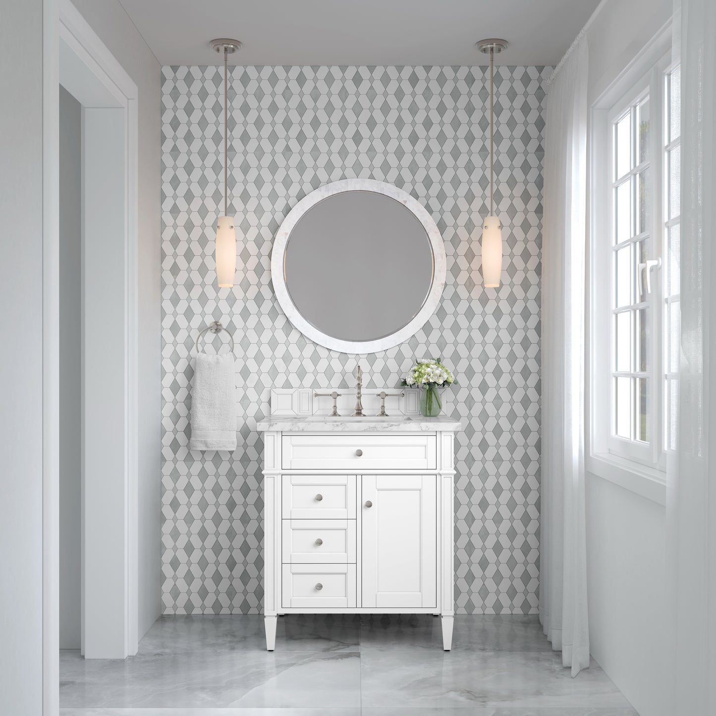 Renovate for Less Atlanta Brittany 30" Single Vanity, Bright White w/ 3 CM Carrara Marble Top