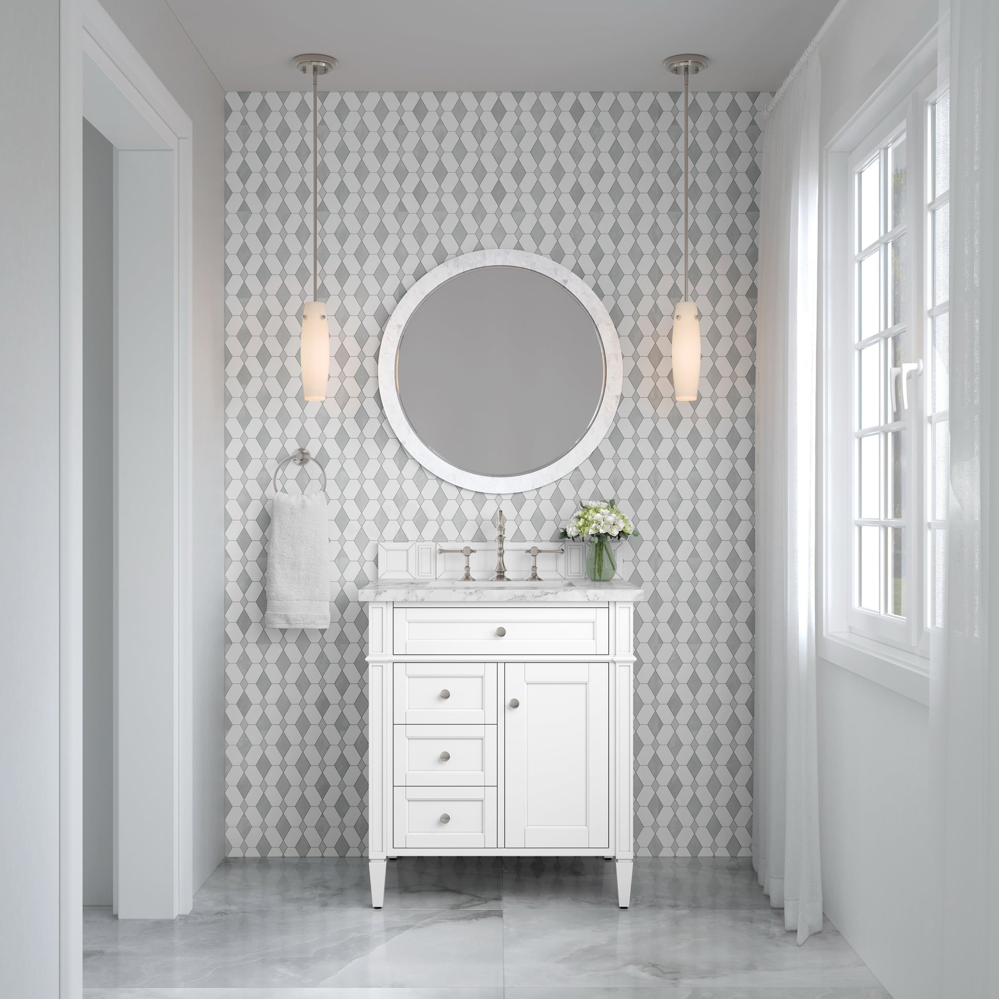 Renovate for Less Atlanta Brittany 30" Single Vanity, Bright White w/ 3 CM Carrara Marble Top