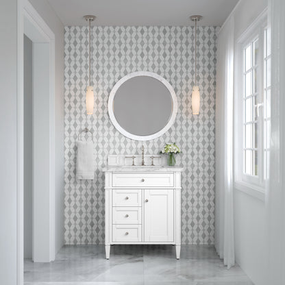 Renovate for Less Atlanta Brittany 30" Single Vanity, Bright White w/ 3 CM Carrara Marble Top