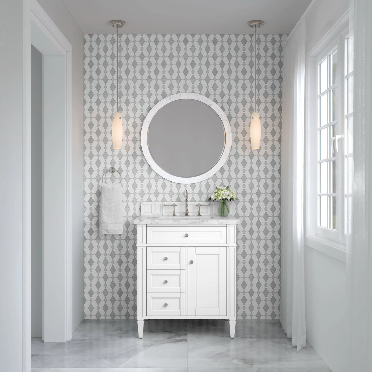 Brittany 30" Single Vanity, Bright White w/ 3 CM Carrara Marble Top