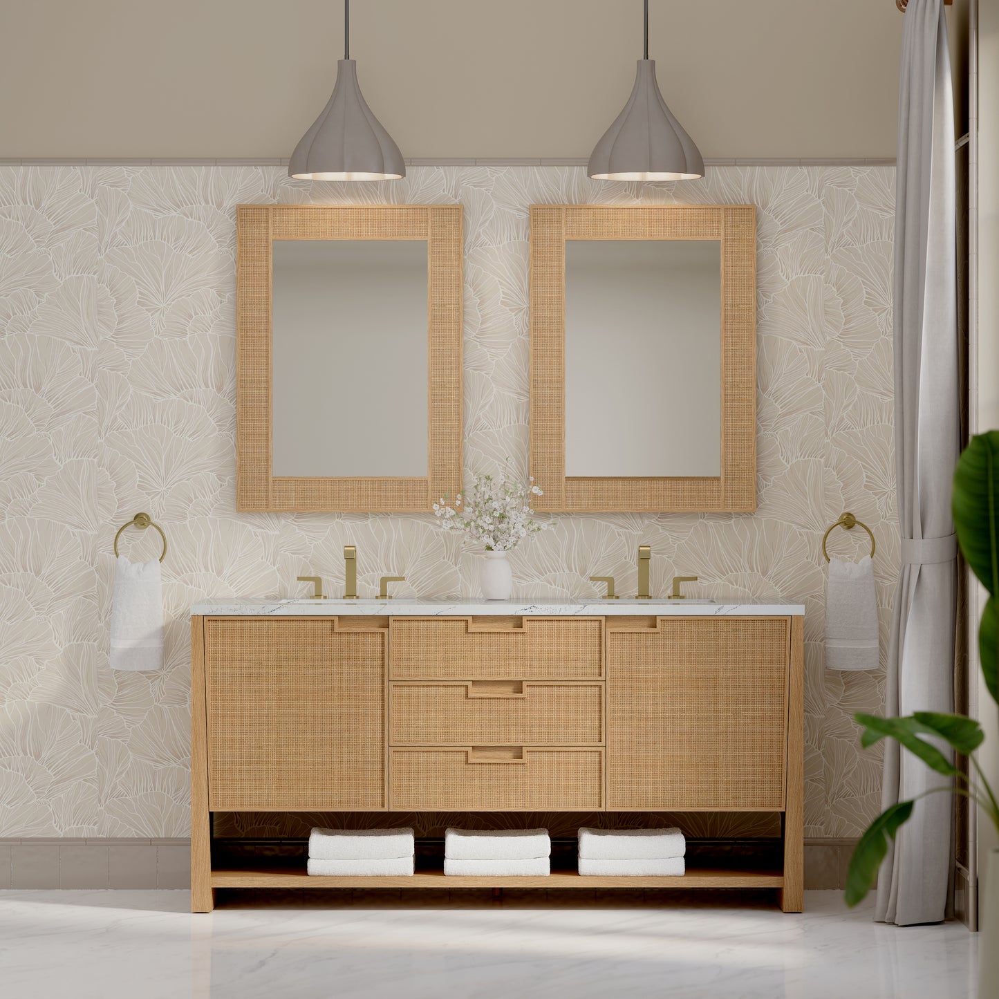 Renovate for Less Atlanta Solene 72" Double Vanity, Seaside Oak, w/ 3 CM Ethereal Noctis Silestone Top w/ FreePower Wireless Charger