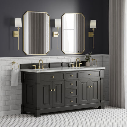 Renovate for Less Atlanta Brookfield 72" Double Vanity, Black Onyx w/ 3 CM Ethereal Noctis Silestone Top w/ FreePower Wireless Charger