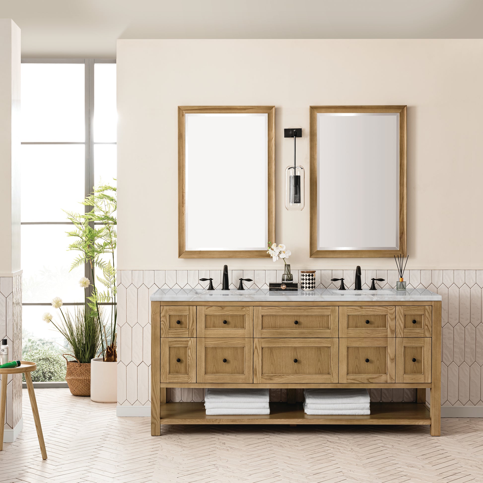 Renovate for Less Atlanta Breckenridge 72" Double Vanity, Light Natural Oak w/ 3 CM Victorian Silver Top w/FreePower Wireless Charger